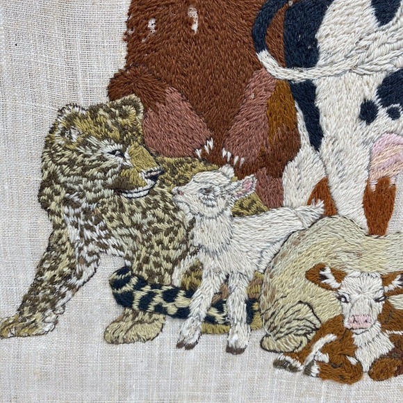 Vtg Framed Crewel Wall Hanging Isaiah 11:6-7 Biblical Large Finished Embroidery - Picture 9 of 16